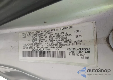 2002 Toyota Tacoma Base V6 z USA, uszkodzony, nr VIN 5TEWN72N92Z078504